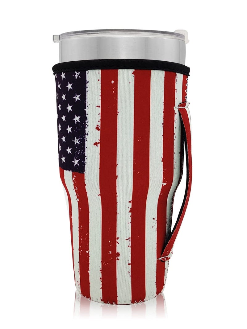 AJLTPA Reusable Iced Coffee Cup Sleeve Neoprene Insulated Sleeves Cup Holder with handle Idea for 30oz - 32oz Tumbler Cups, Protein Shake Bottles (Only Cup Sleeves) (American Flag) - Image 1
